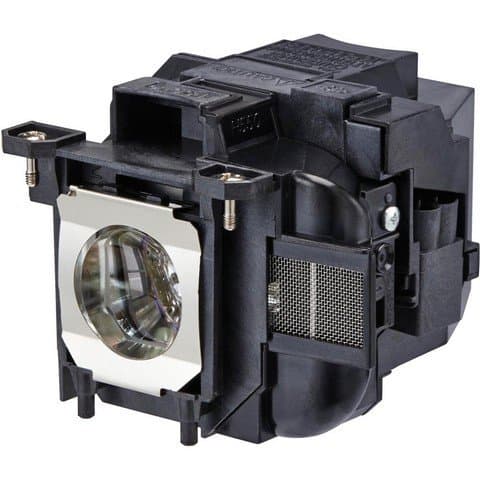 Epson ELPLP87 projector lamp with a black plastic housing, a shiny silver reflector at the front, and ventilation grilles on the side for heat dissipation.