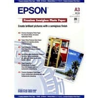Epson Premium Semigloss Photo Paper pack, DIN A3, 251g/m², 20 sheets, with colorful sample images on the cover.