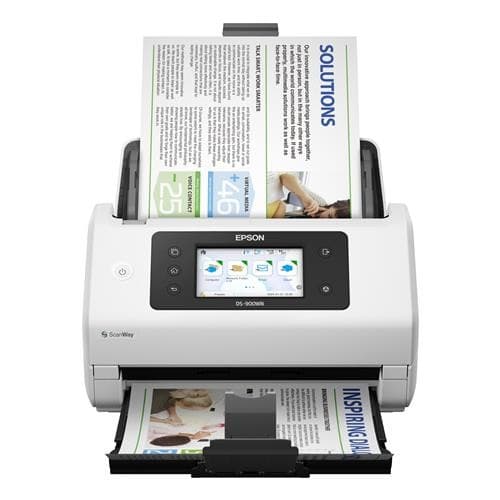 Epson WorkForce DS-900WN document scanner in white, featuring a duplex design, A4/legal size capability, and a control panel with a touchscreen interface.