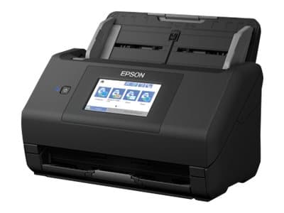 Black Epson WorkForce ES-580W scanner featuring a large touchscreen display, automatic document feeder (ADF), and USB/Wi-Fi connectivity for efficient scanning.