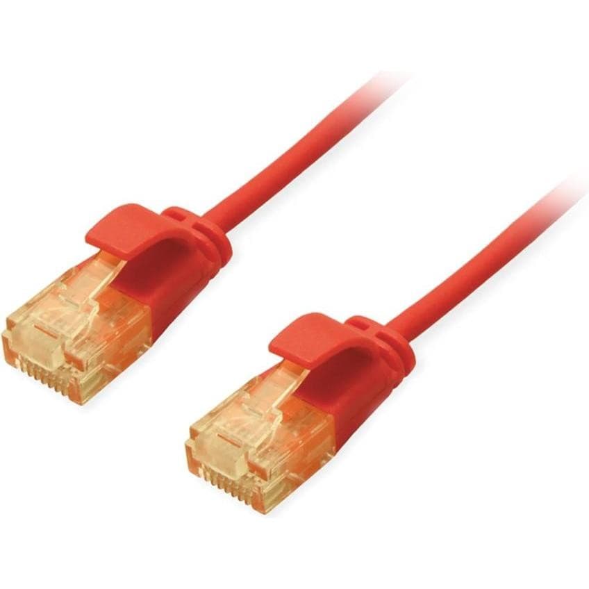 Red Cat.6A U/UTP slim patch cable, 0.15m long, featuring clear plastic connectors with locking tabs on both ends.