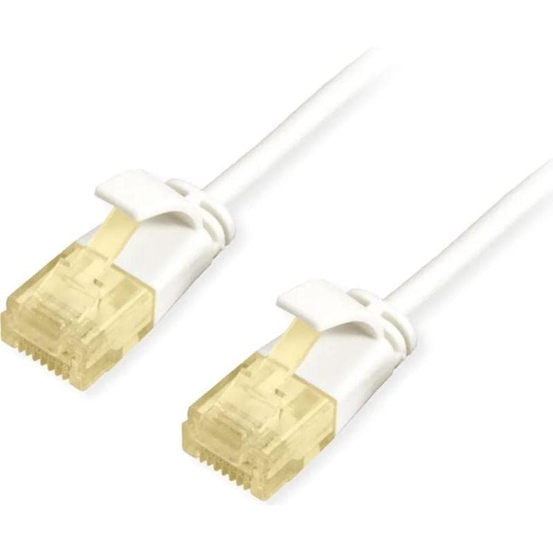 White 0.25m Equip Cat.6A U/UTP slim patch cable featuring two transparent yellow connectors with clips for secure connection.