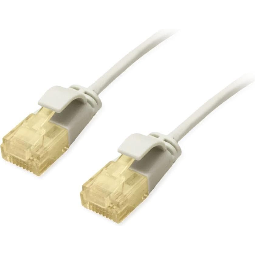 Grey Cat.6A U/UTP slim patch cable, 2.0m long, featuring two yellow-tinted connectors with clips for secure connection.