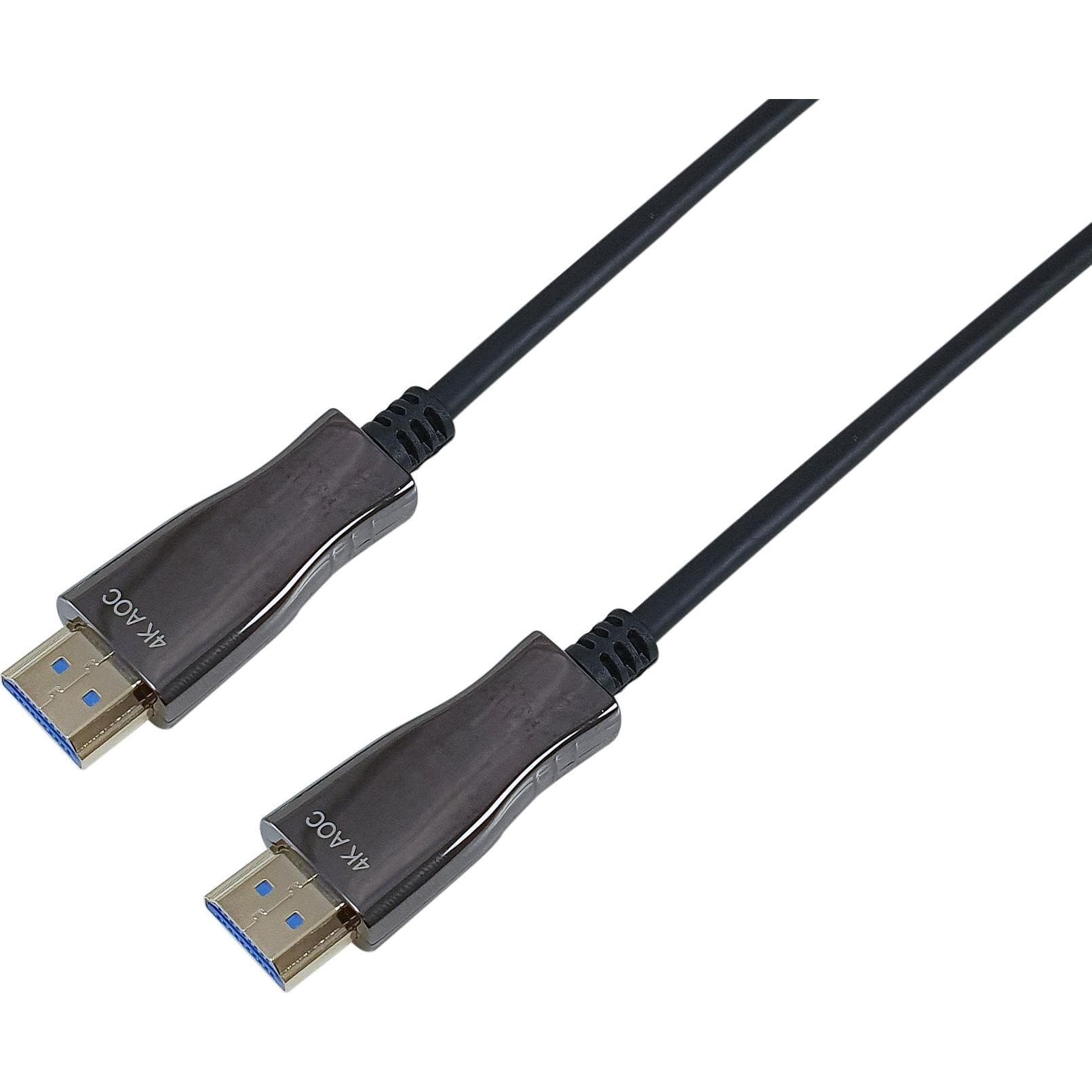 Black 10m HDMI 2.0 active optical cable with metallic connectors, designed for 4K/60Hz video transmission, featuring a flexible, durable construction.