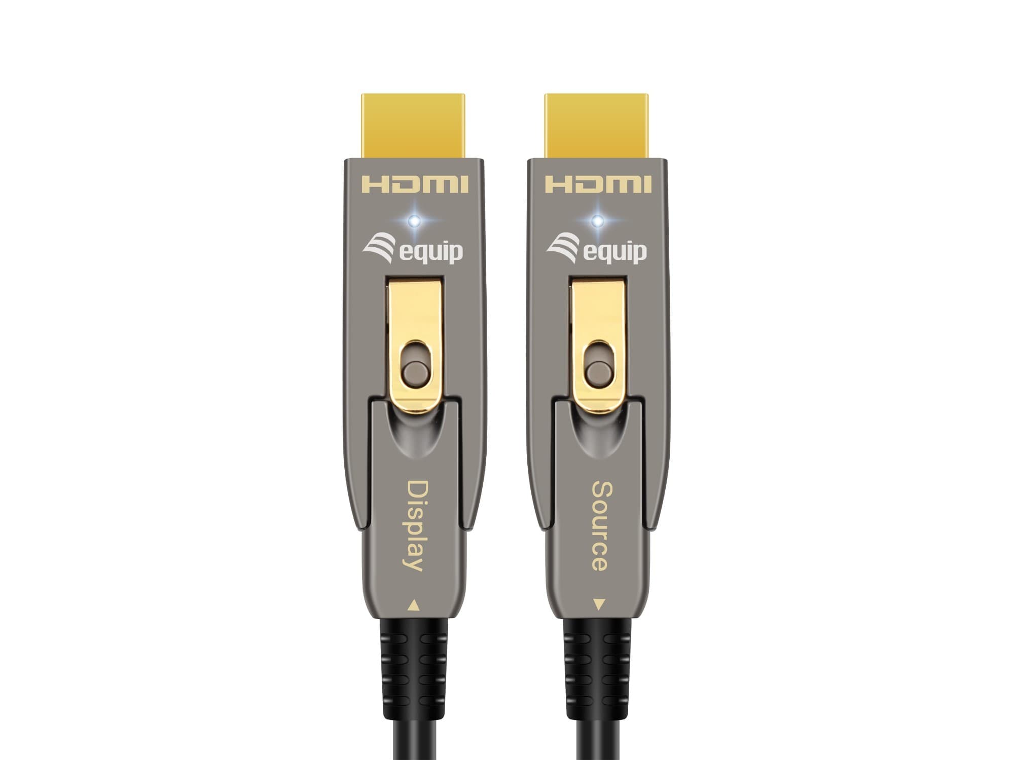 Gray HDMI 2.0 cable with gold-plated connectors labeled "Display" and "Source," featuring a detachable Type D design and a length of 30 meters, supporting 4K/60Hz resolution.