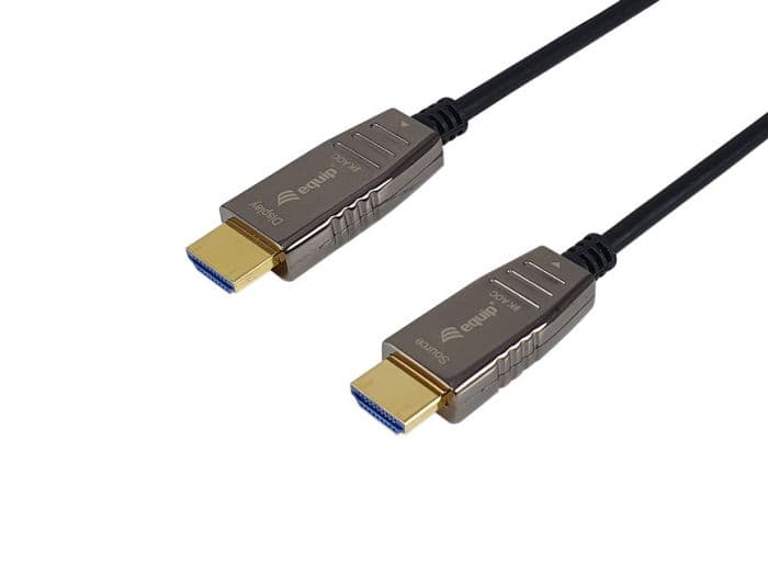 Black HDMI 2.1 Active Optical Cable, 20m long, featuring metallic connectors with blue tips, designed for 8K resolution at 60Hz, ideal for high-performance video transmission.