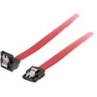 Red 0.50 m SATA cable with two black connectors, designed for connecting SATA devices, featuring a flat design for easy management and installation.