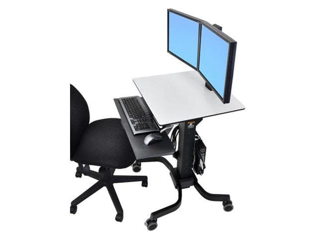 Ergotron WorkFit-C workstation features a sleek black and silver design, accommodating two LCD monitors, a keyboard, and a mouse, with adjustable height and rolling casters for mobility.