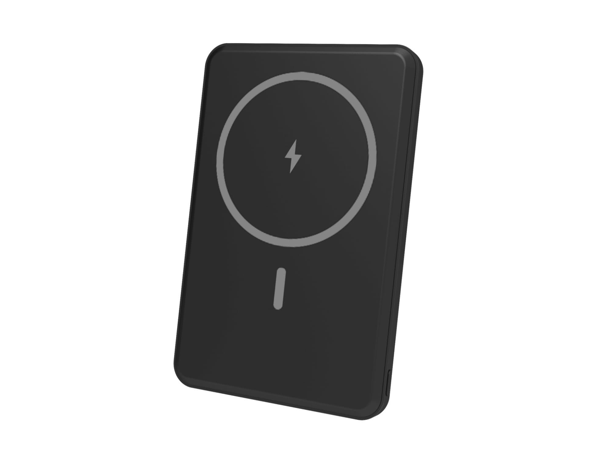 Black eSTUFF ES641101 power bank with a sleek design, featuring a circular wireless charging symbol and a single indicator light, offering 10,000 mAh capacity.