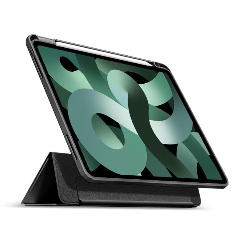 Black folio tablet case by eSTUFF, designed for 10.2" devices, features a sleek, durable exterior and a stand for easy viewing.