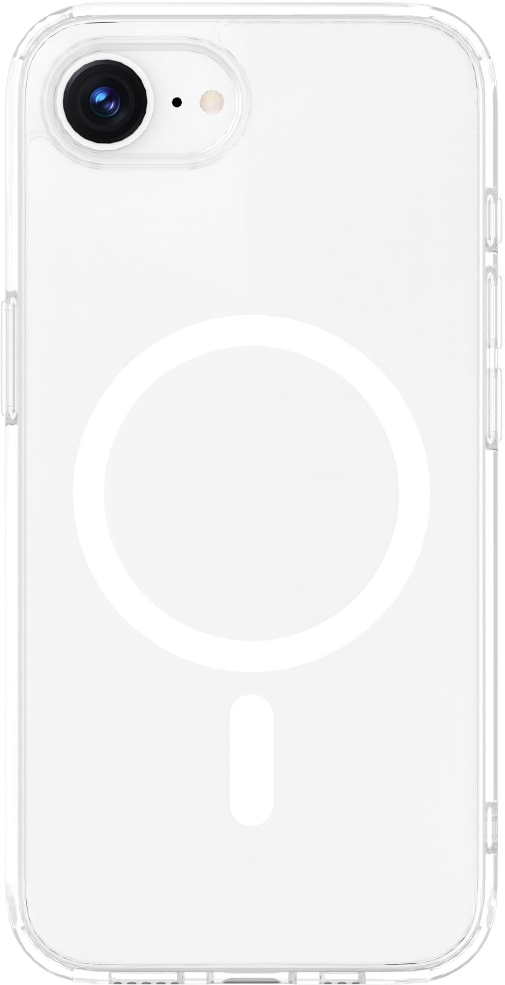 Clear, flexible phone case for iPhone featuring a circular MagSafe alignment design, showcasing a minimalist style with a glossy finish.