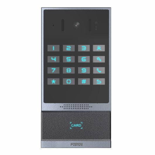 Sleek aluminium intercom with a 2 MP camera, illuminated keypad featuring numbers 0-9 and symbols, and a card reader at the bottom, all in a modern design.