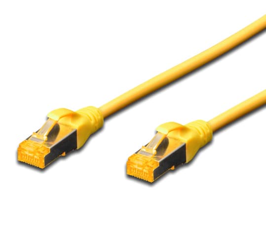 Yellow FDL 0.25M CAT.6a 10Gb S-FTP LSZH patch cable with two connectors, designed for high-speed data transmission and low smoke emission.