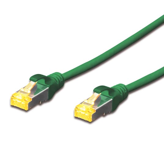 Green FDL 0.5M CAT.6a 10Gb S-FTP LSZH patch cable with transparent connectors and yellow clips on both ends, designed for high-speed data transmission.