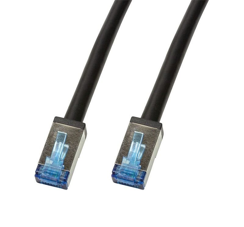 Black 0.5m Cat. 6a S/FTP patch cable with metallic connectors and blue plastic clips, designed for external use by FDL.