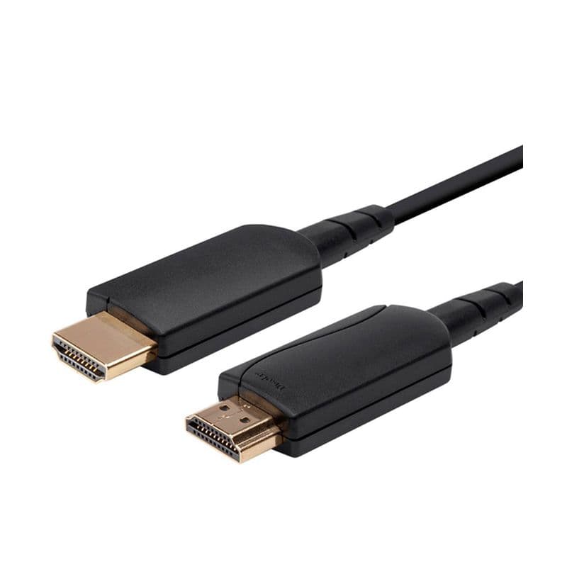 Black HDMI 2.0 AOC cable, 100 meters long, featuring gold-plated connectors on both ends, designed for 4K resolution at 60Hz.