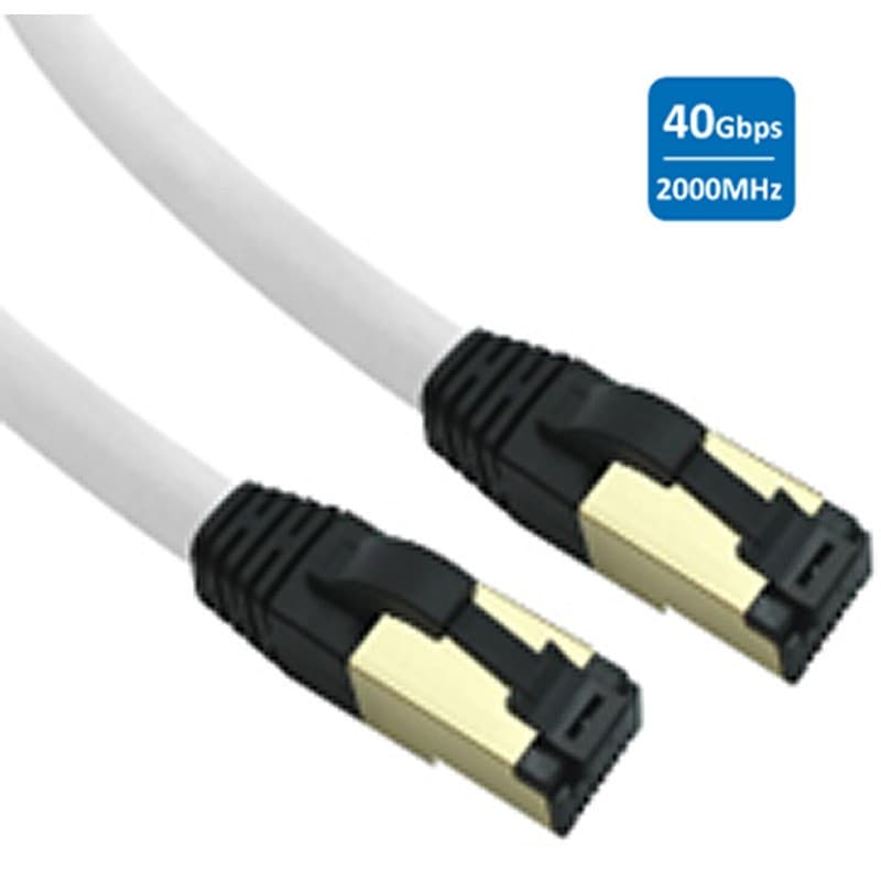 White CAT.8.1 S-FTP patch cord with black connectors, featuring gold contacts, labeled for 40Gbps and 2000MHz performance.