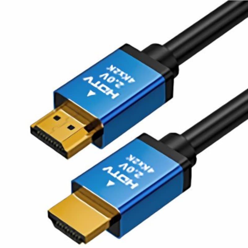 Black HDMI cable with gold-plated connectors, featuring blue accents, labeled "HDMI 2.0" on both ends, designed for high-speed data transfer and Ethernet connectivity.