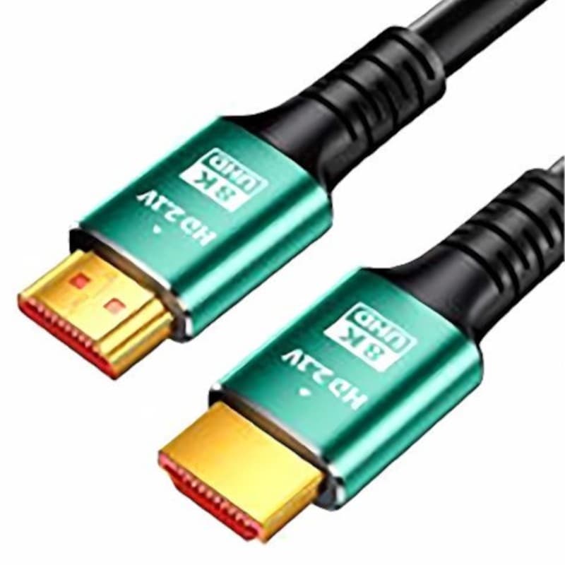 Premium 10m HDMI 2.1 cable with Ethernet, featuring vibrant green connectors and gold-plated tips, designed for high-definition audio and video transmission.