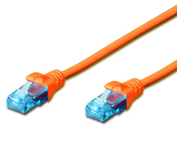 15-meter orange CAT.5e UTP patch cable with transparent blue connectors on both ends, designed for network connections.