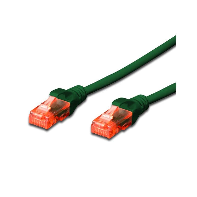 15m green Cat.6 UTP LSZH patch cable featuring transparent orange connectors at both ends, designed for reliable network connections.