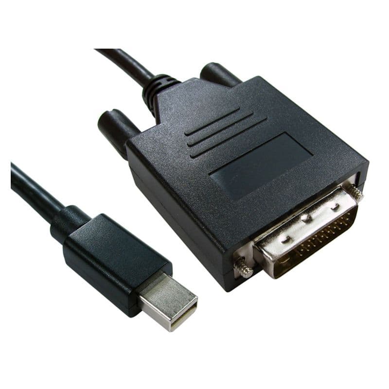 Black FDL 1M Mini DisplayPort to DVI-D adaptor cable featuring a Mini DisplayPort connector on one end and a DVI-D connector on the other, designed for 1080p resolution.