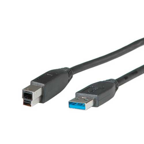 Black 1m USB 3.0 A to B cable with a rectangular B connector and a flat A connector, featuring durable plastic ends for secure connections.