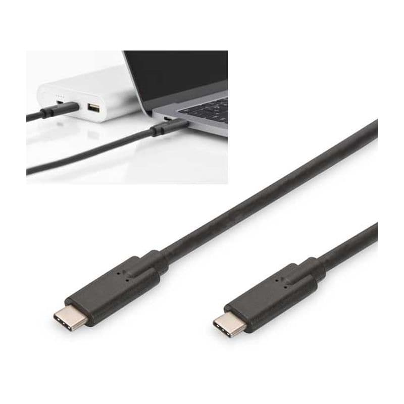 Black 1m USB Type C to C cable with durable connectors, supporting 10Gbps data transfer, 100W power delivery, and Alt Mode, shown connected to a laptop and power bank.