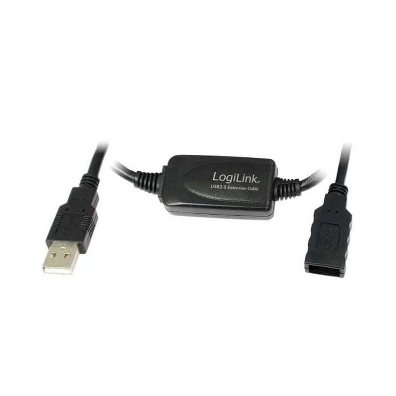 Black USB 2.0 repeater extension cable, 20 meters long, featuring a male USB connector on one end and a female USB connector on the other, with a small inline amplifier.