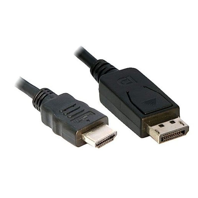Black 2m DisplayPort 1.4 to HDMI 2.1 cable with active connectors, featuring a textured grip on the DisplayPort end and a standard HDMI connector.