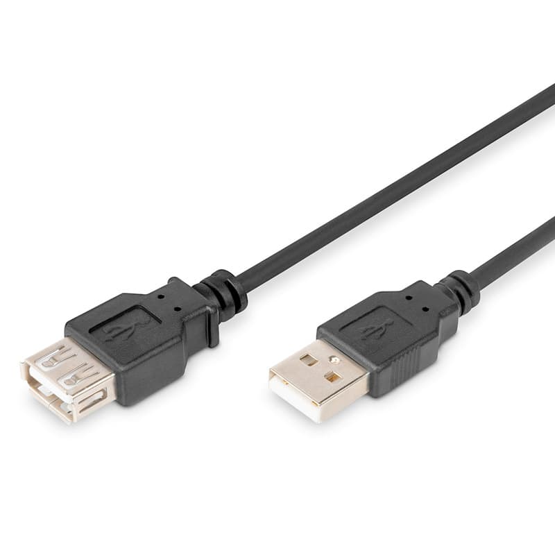 Black 2-meter USB 2.0 A to A extension cable featuring a male connector on one end and a female connector on the other, made of durable plastic.