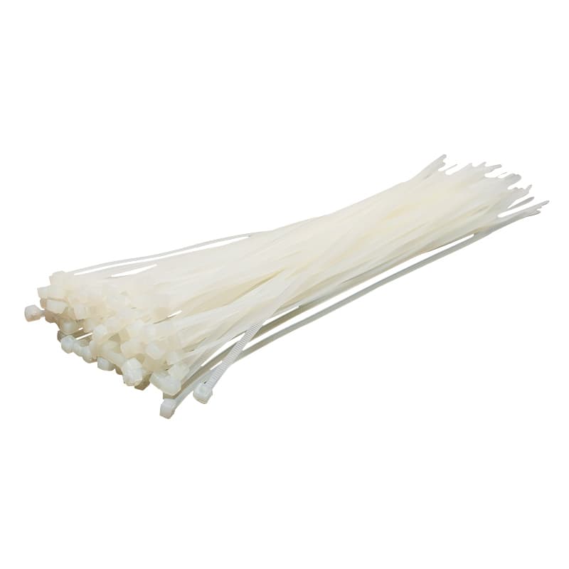 White 300mm cable ties by FDL, made of durable plastic, bundled together, featuring a locking mechanism for secure fastening.