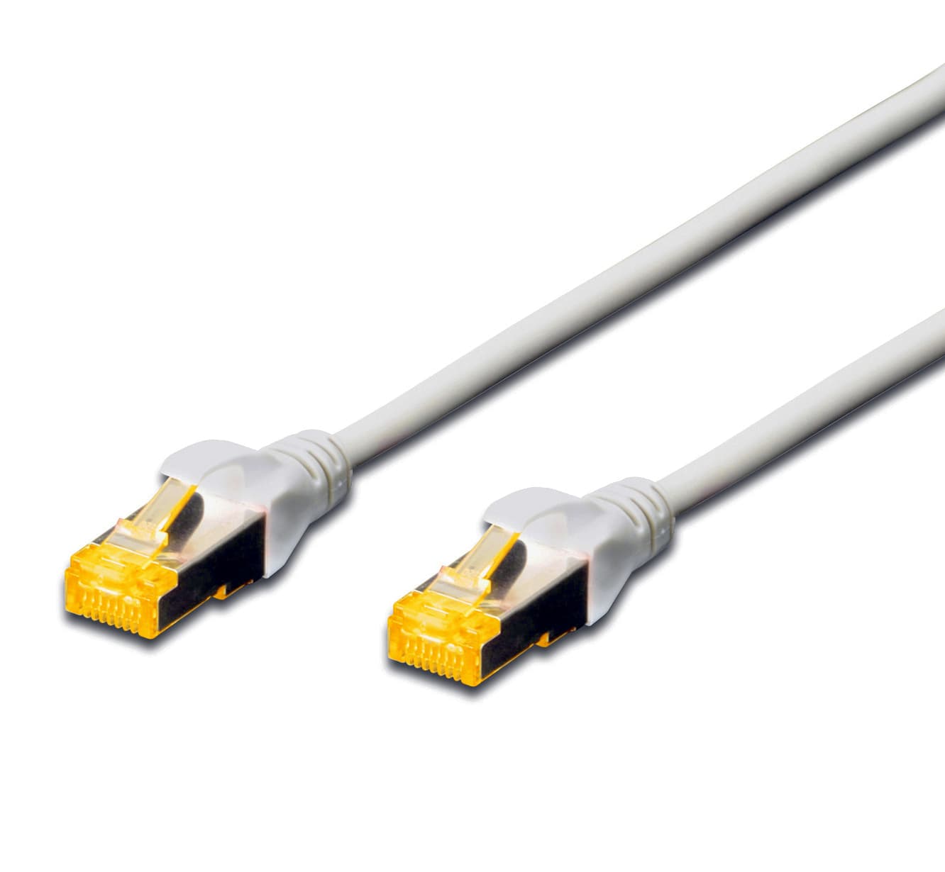 White 10Gb S-FTP LSZH patch cable with two yellow-tipped connectors, designed for high-speed networking and data transmission.