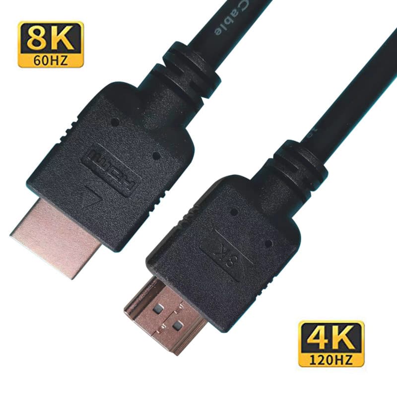 Black HDMI 2.1 cable with Ethernet, featuring gold-plated connectors, labeled for 8K at 60Hz and 4K at 120Hz, designed for high-speed data transfer.