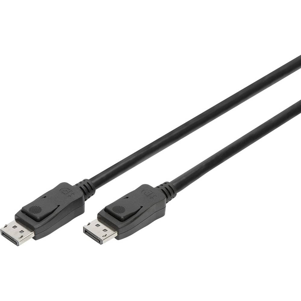 Black DisplayPort cable, 5 meters long, featuring double shielding and sturdy connectors at both ends for secure connections.