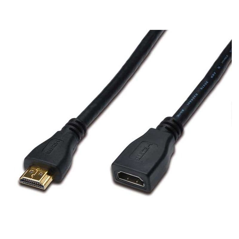 High-speed HDMI-A male to female extension cable, 5 meters long, featuring a durable black exterior with gold-plated connectors for optimal signal transmission.