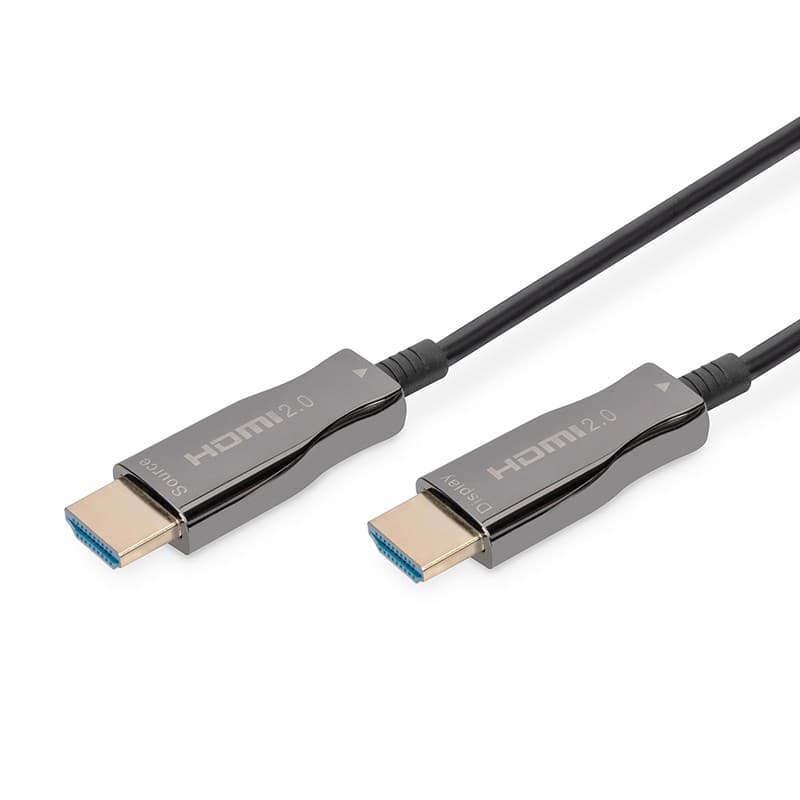 Black ultra HDMI 2.0 AOC cable, 5 meters long, featuring two metallic connectors with blue accents, designed for 4K resolution at 60Hz.