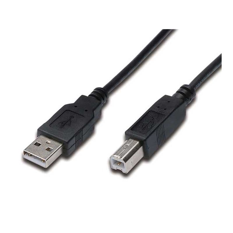 Black 5m USB 2.0 A to B cable featuring a rectangular USB B connector and a flat USB A connector, made of durable plastic with a flexible design for easy connectivity.