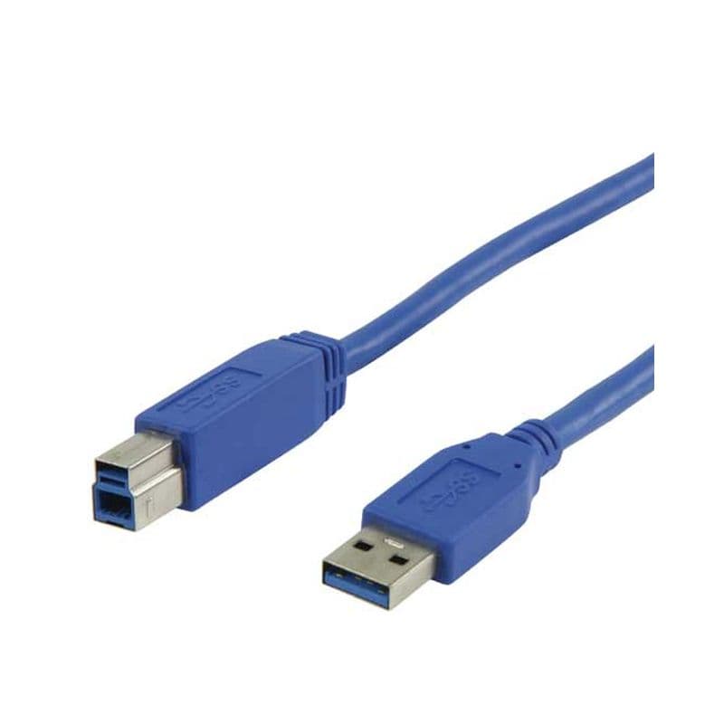 Blue USB 3.0 A to B cable, 5 meters long, featuring a rectangular A connector and a square B connector, made of flexible plastic material.