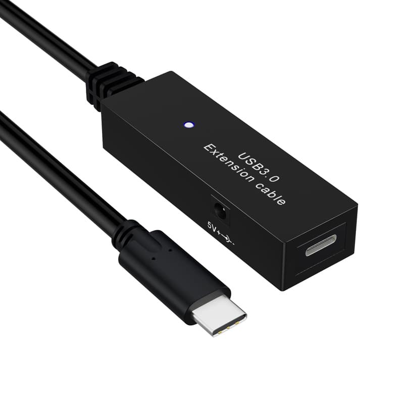 Black USB Type C male to female extension cable with a rectangular connector, featuring a blue LED indicator and labeled USB 3.0, designed for data transfer and charging.