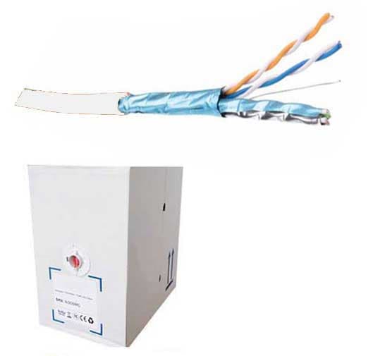 White box containing FDL CAT.6a S-FTP stranded patch cable, with exposed twisted pairs in blue, orange, and green, designed for low smoke zero halogen applications.