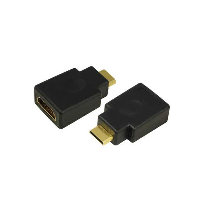 Black FDL mini HDMI C plug to HDMI A socket adapter with gold-plated connectors, featuring a compact design for easy connectivity.