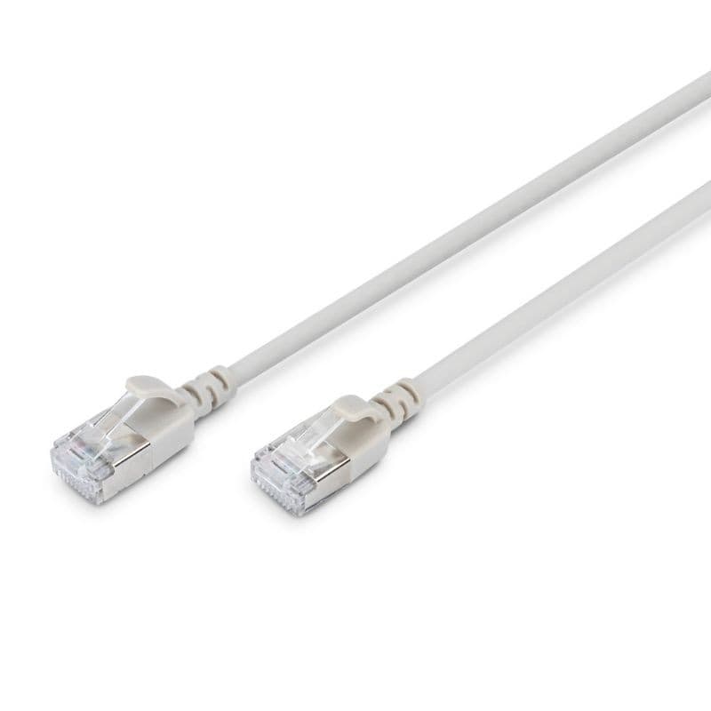 Grey 0.25m CAT.6a F-FTP LSZH patch cable with snagproof design, featuring clear connectors at both ends for secure network connections.