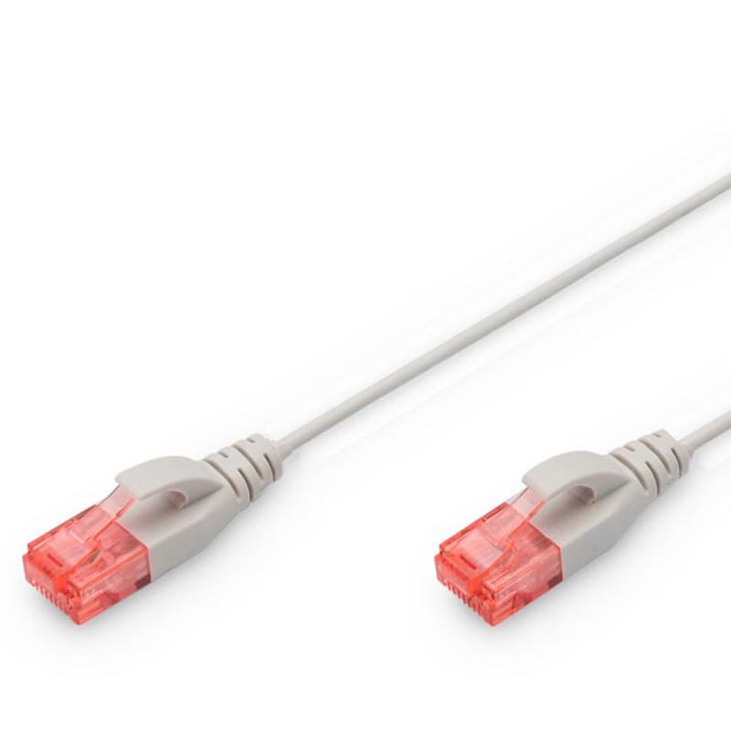 Grey 2m Cat.6 UTP LSZH patch cable featuring snagproof design, with transparent red connectors on both ends and a flexible, durable construction.