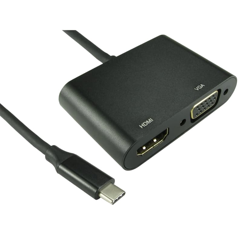 Black FDL USB Type-C to HDMI and VGA adapter/splitter with a sleek design, featuring one HDMI port and one VGA port, connected by a durable cable.