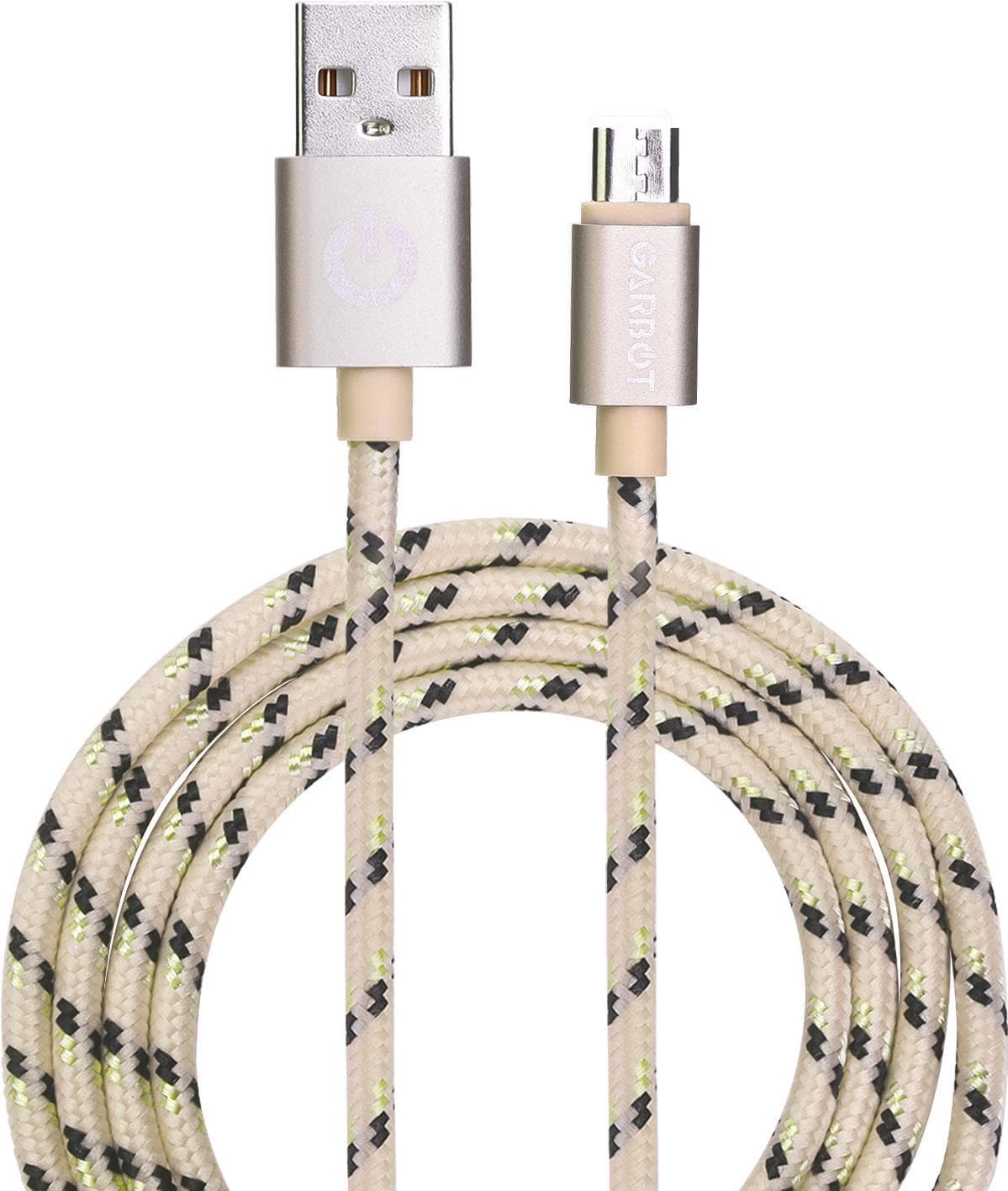 Gold USB A to Micro-USB B cable, 1 meter long, featuring a braided beige and black design with metallic connectors, ideal for charging and data transfer.