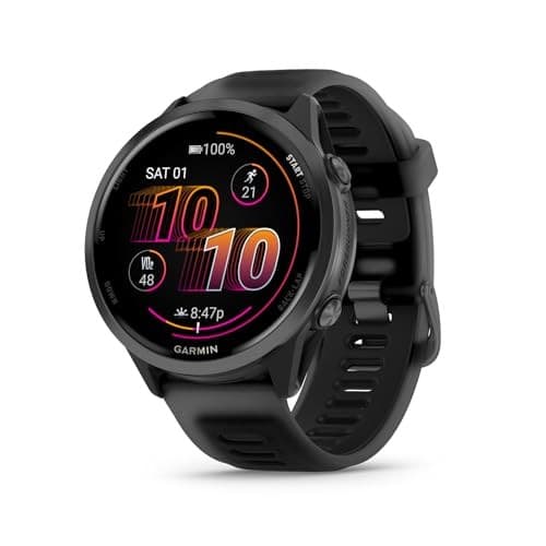 Garmin Forerunner 570 GPS smartwatch featuring a 47mm slate grey aluminum bezel, translucent black band, and a vibrant display with fitness tracking metrics.