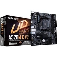 GIGABYTE A520M K V2 motherboard, black PCB, AM4 socket, PCIe Gen3, USB 3.2 ports, with packaging box.