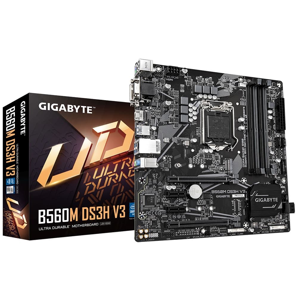 Black motherboard with an AM5 LGA 1718 socket, featuring multiple slots for RAM and expansion cards, alongside a sleek design and Gigabyte branding, packaged in a colorful box.