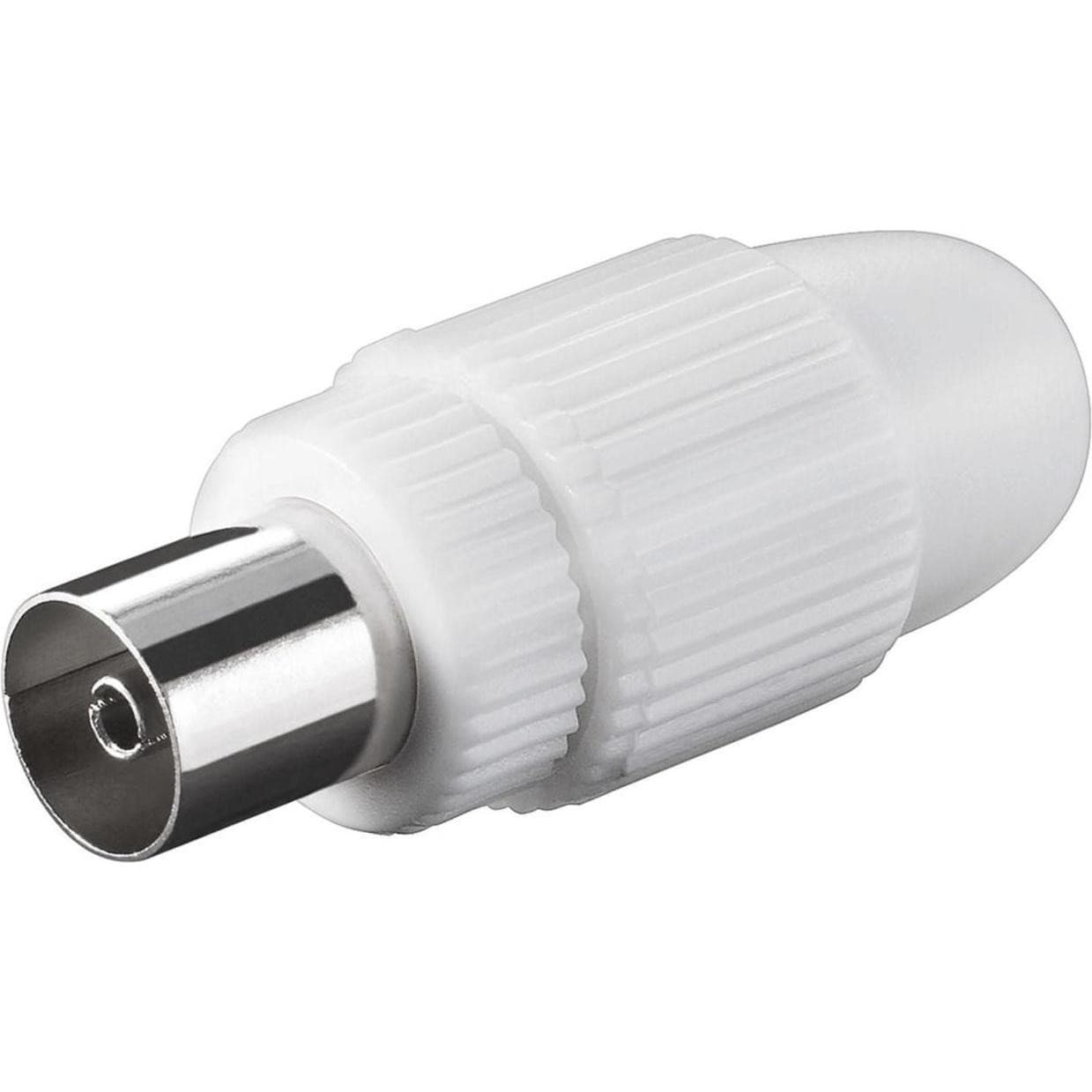White coaxial coupling with screw fixing, featuring a ribbed grip and a metal connector end, designed for secure cable connections; sold in a pack of 10 by Goobay.